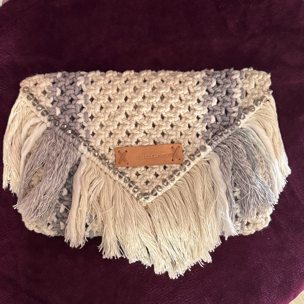Beaded Fringed Crochet Clutch by Mare Sole Amore